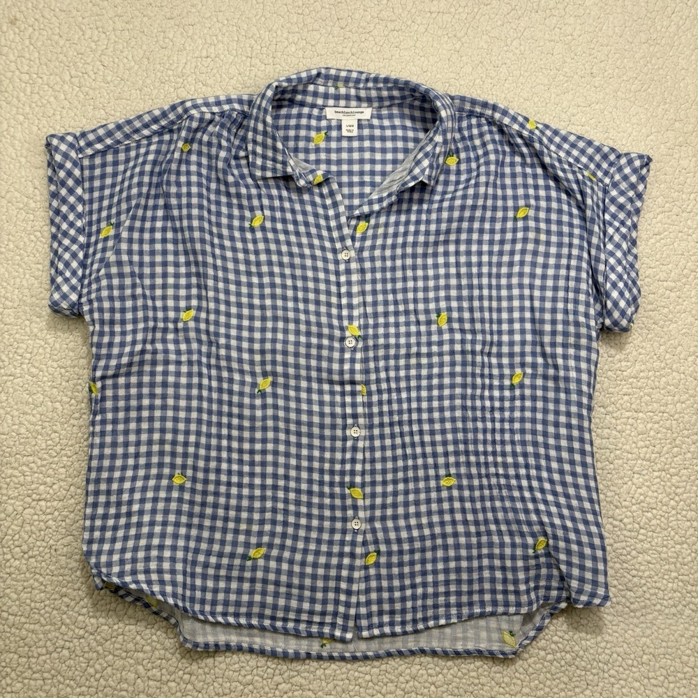 Beachlunchlounge Gingham Lemon Gauze Cotton Button Blouse Large Boxy Embroidered